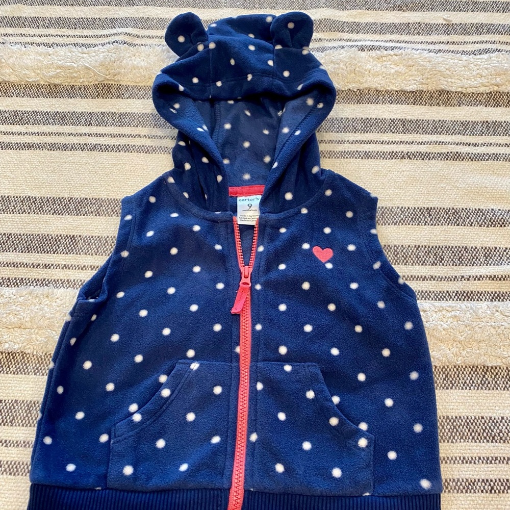 Baby girl’s 9 month Carter’s hooded vest. Navy/pink/white.